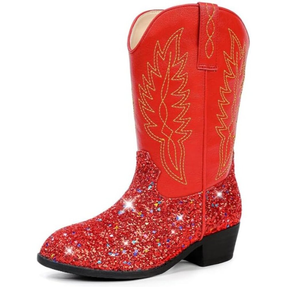 Cowboy Boots Red Glitter w/ Embroidered Design Western Style - Size 12 - Picture 11 of 13